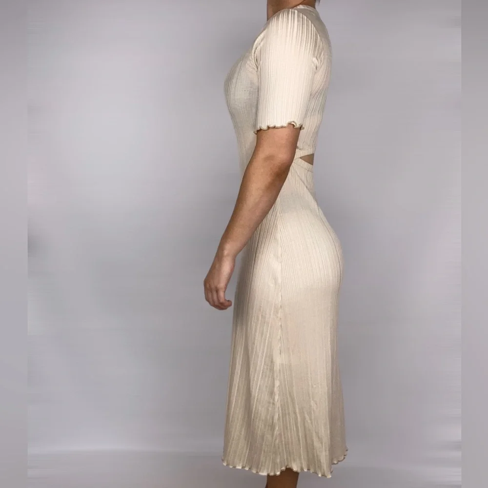 EVERLANE‎ The Open Back Rib Maxi Short Sleeve Dress Cream Ruffle Crew Neck - Picture 4 of 5